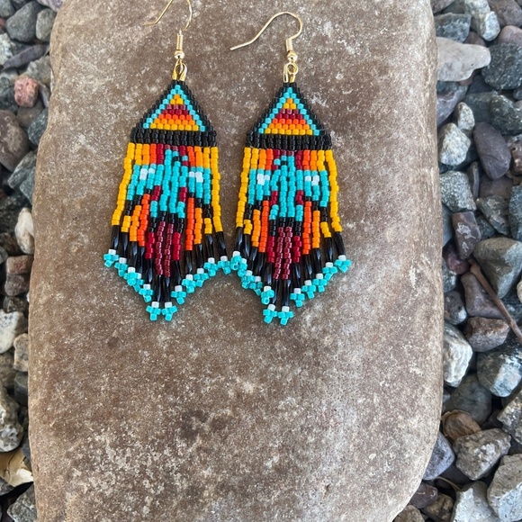 Native Thunderbirds Beaded Earrings with Fringe, New, Handmade by Me - Picture 6 of 6